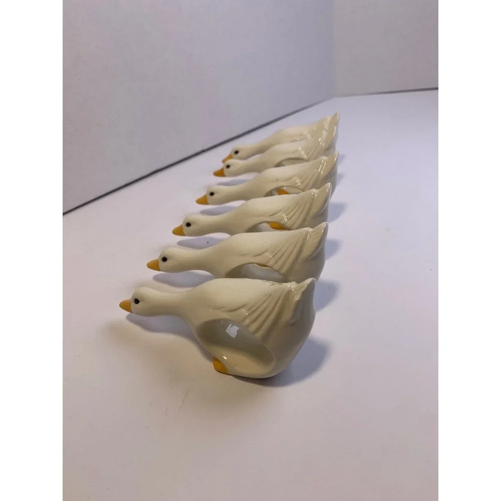 Vintage 80s Ceramic Goose Napkin Rings Set/6 White Farmhouse Country Cottagecore